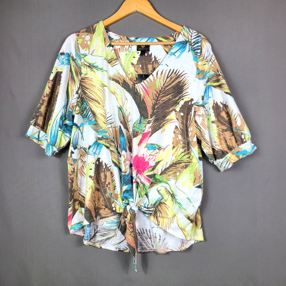 NWT JM Collection Jungle Beat Tie Front Top Boho Chic Tropical Resortwear Size L